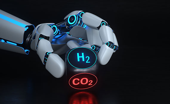 Robot hand holding cube of H2 and CO2